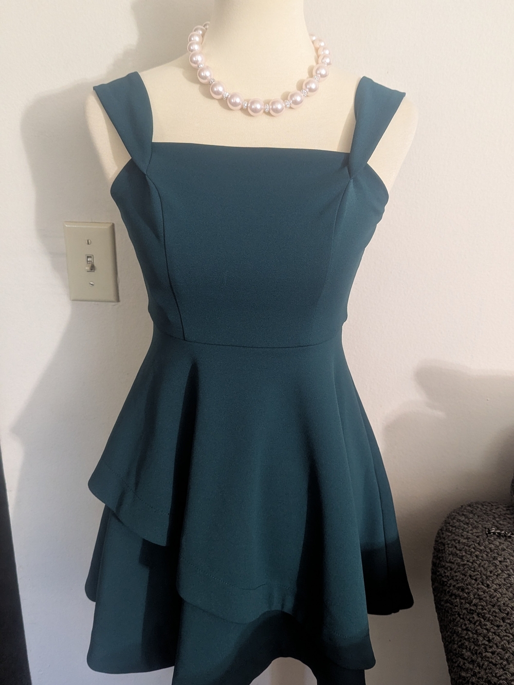 NWT Speechless Dark Green Skater Dress Fit Flare Scuba Knit Ruffle Skirt Size 3 - Picture 1 of 8